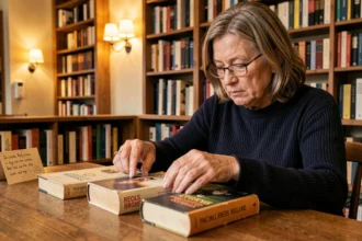 Une libraire arrange dans l'ordre trois romans de la trilogie de Pierre Lemaitre sur une table en bois dans une librairie indépendante