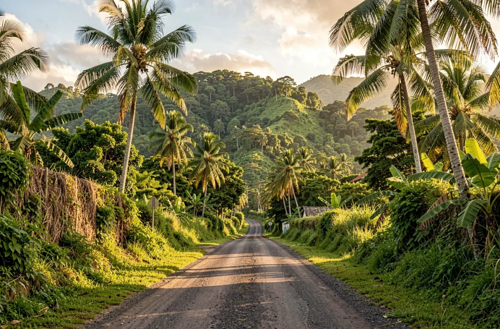 Route de campagne jamaïcaine au milieu de collines tropicales